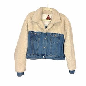 Signature 8 Jean Jacket Womens Large Cream Blue Sherpa Denim Crop Button Front